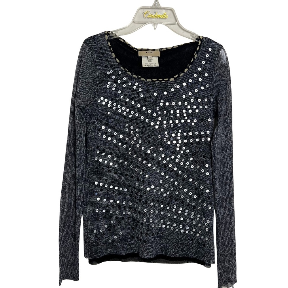 Fuzzi Jean Paul Gaultier Gray Sequin Stretchy Long Sleeve Top Size‎ Medium Party